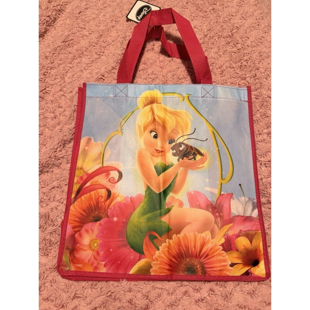Disney Store Reusable Shopping Tote Blue Tinker Bell Sack Carry Bag Bug Floral
